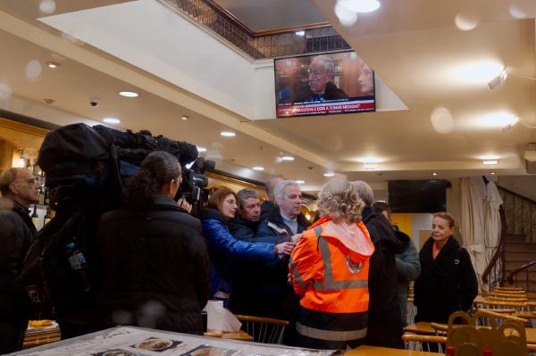 I caught the president of Portugal getting swarmed by reporters at a local cafe. He was here to check the damages and talk in person to our mayor, the woman in the high vis orange jacket.